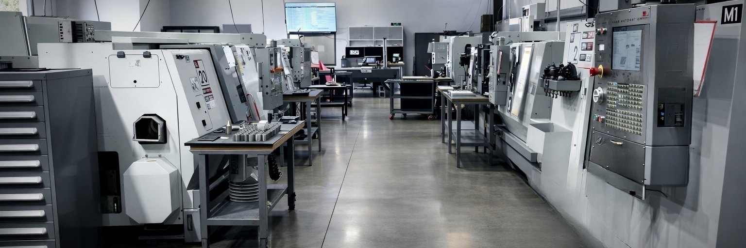 Main aisle of the Fifty X machining floor with turning and milling centers on both sides