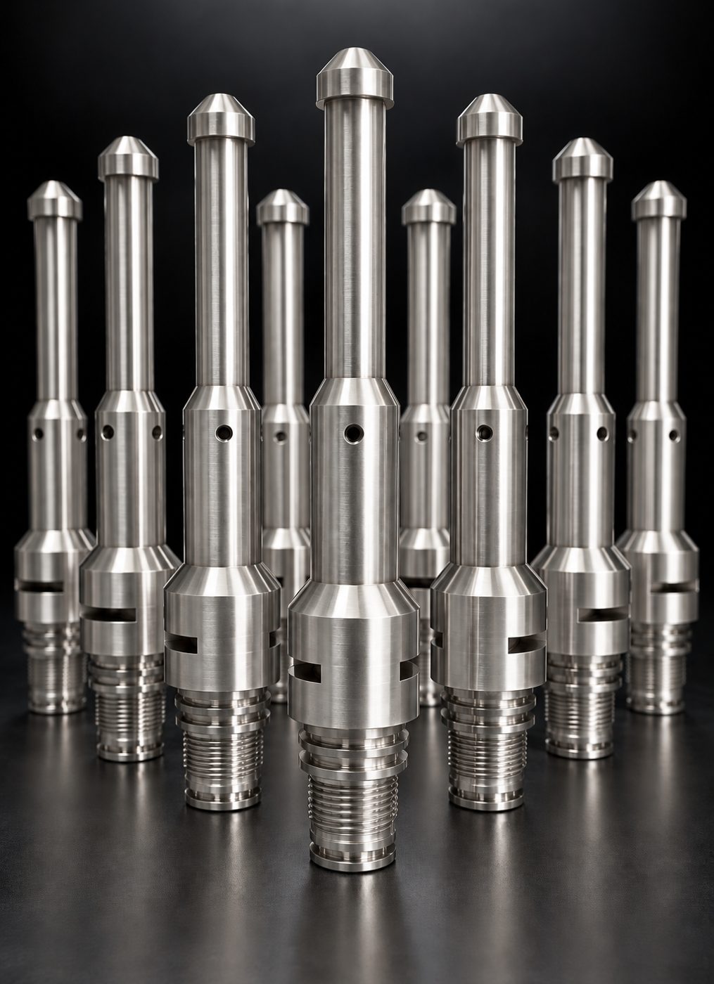 Nine machined MWD spearpoints standing in formation
